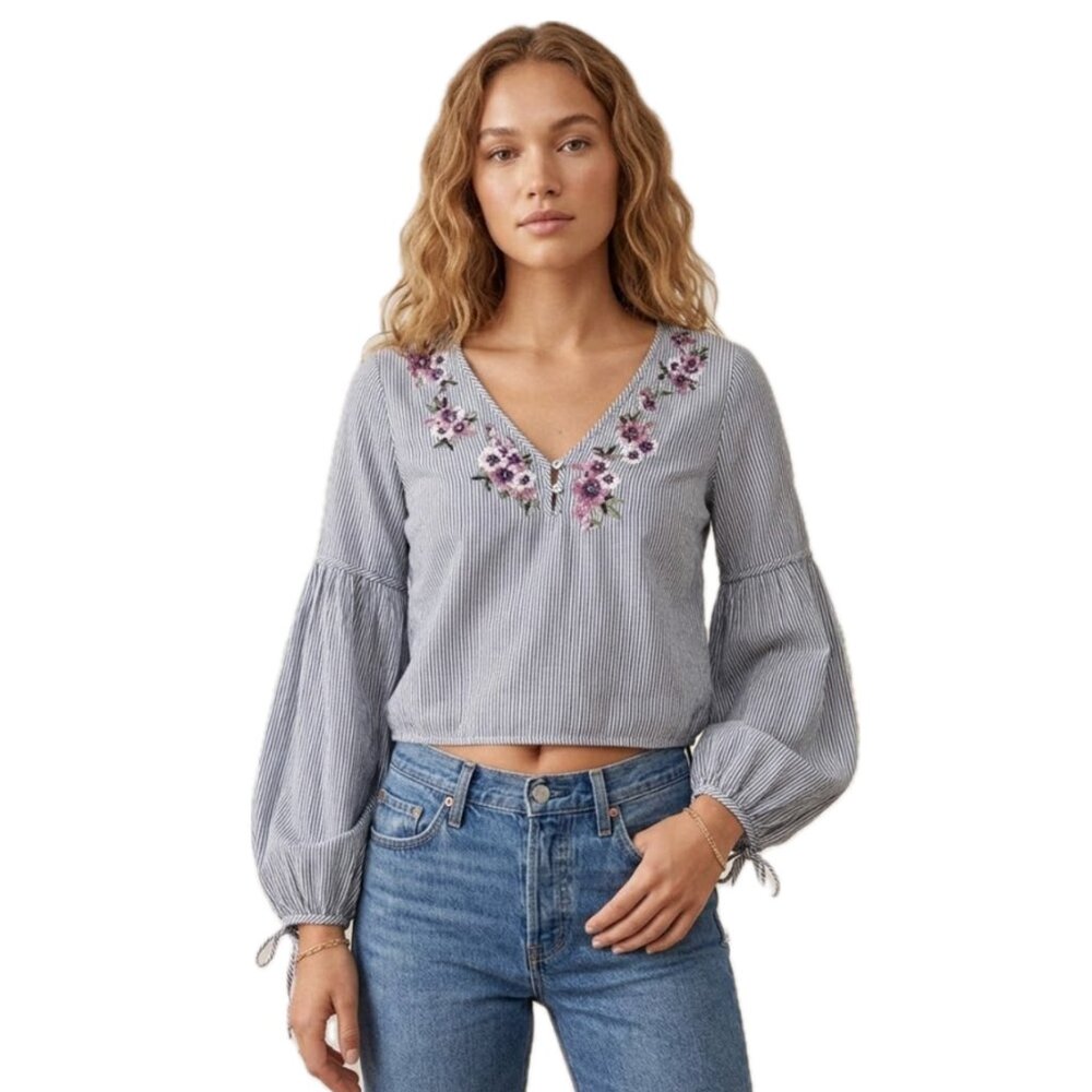 Abercrombie & Fitch | Embroidered Floral Cotton Blouse Blue & White Stripes | XS